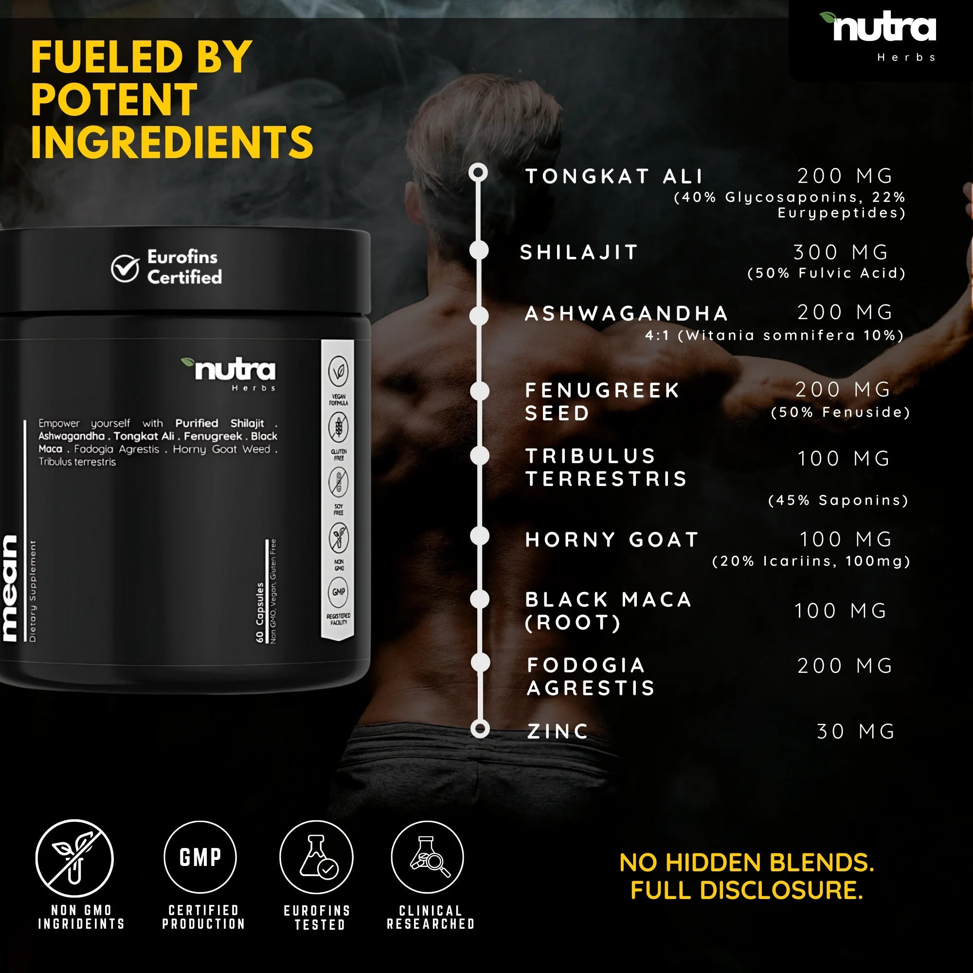 NutraHerbs - 4P’s Masculinity Supplement | 10 in 1 Natural Blend with Shilajit, Ashwagandha, Tongkat Ali, Fenugreek Seed, Fadogia Agrestis, Black Maca Root, Tribulus Terrestris , 1 Month, Vegan