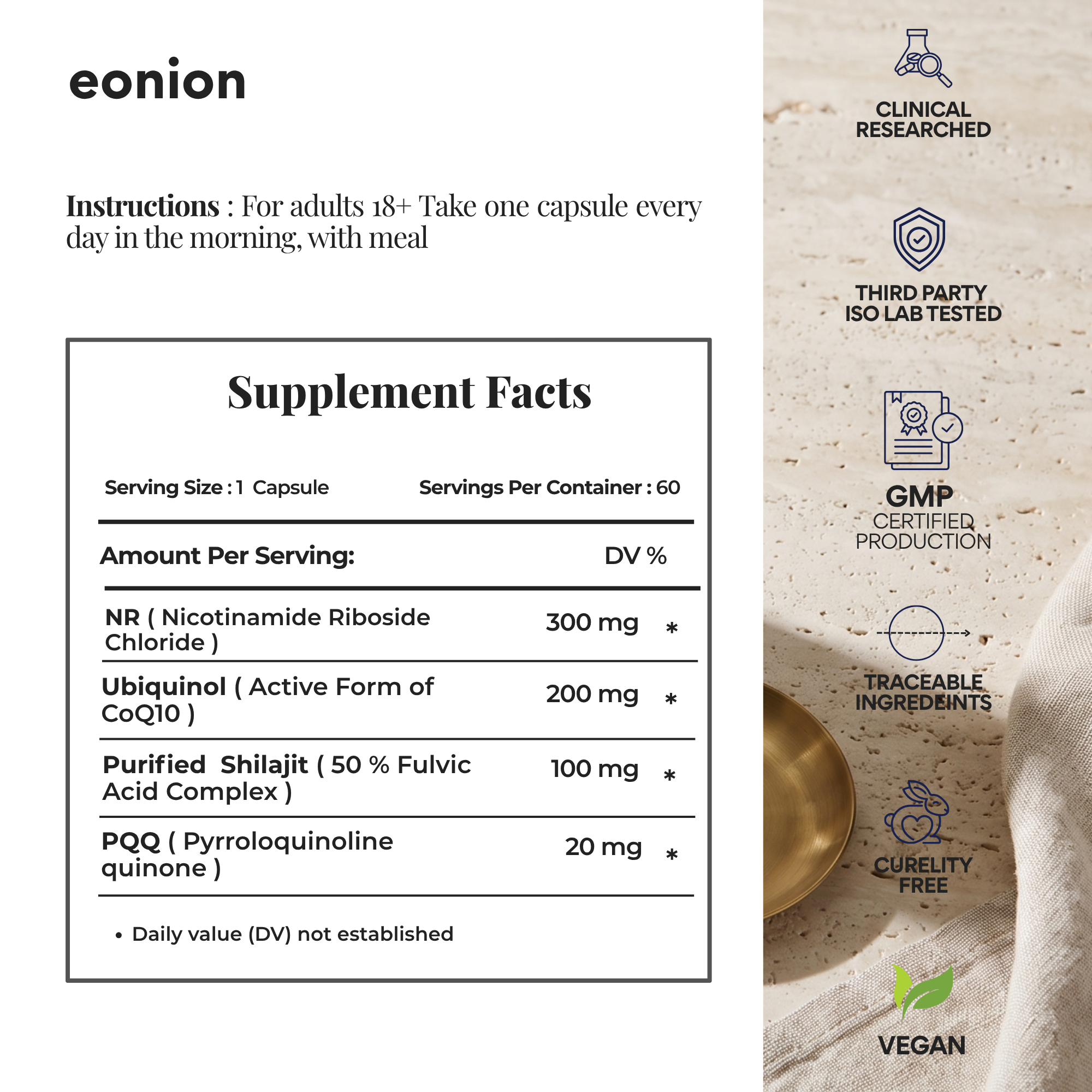 Eonion | Advanced Liposomal NAD+ Complex • 300mg NR, 200mg Ubiquinol CoQ10, Shilajit & PQQ • Mitochondrial Support Supplement for Cellular Energy, Longevity & Cognitive Focus • 60 Vegan Capsules